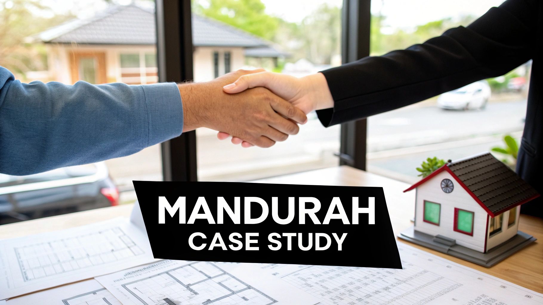 Two people shaking hands over architectural plans and a house model, representing a real estate deal.