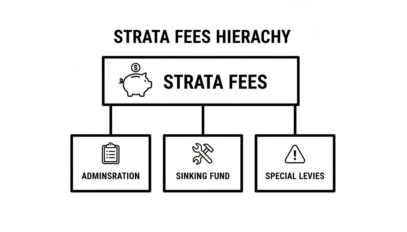 A hierarchy chart illustrating the components of strata fees: administration, sinking fund, and special levies.