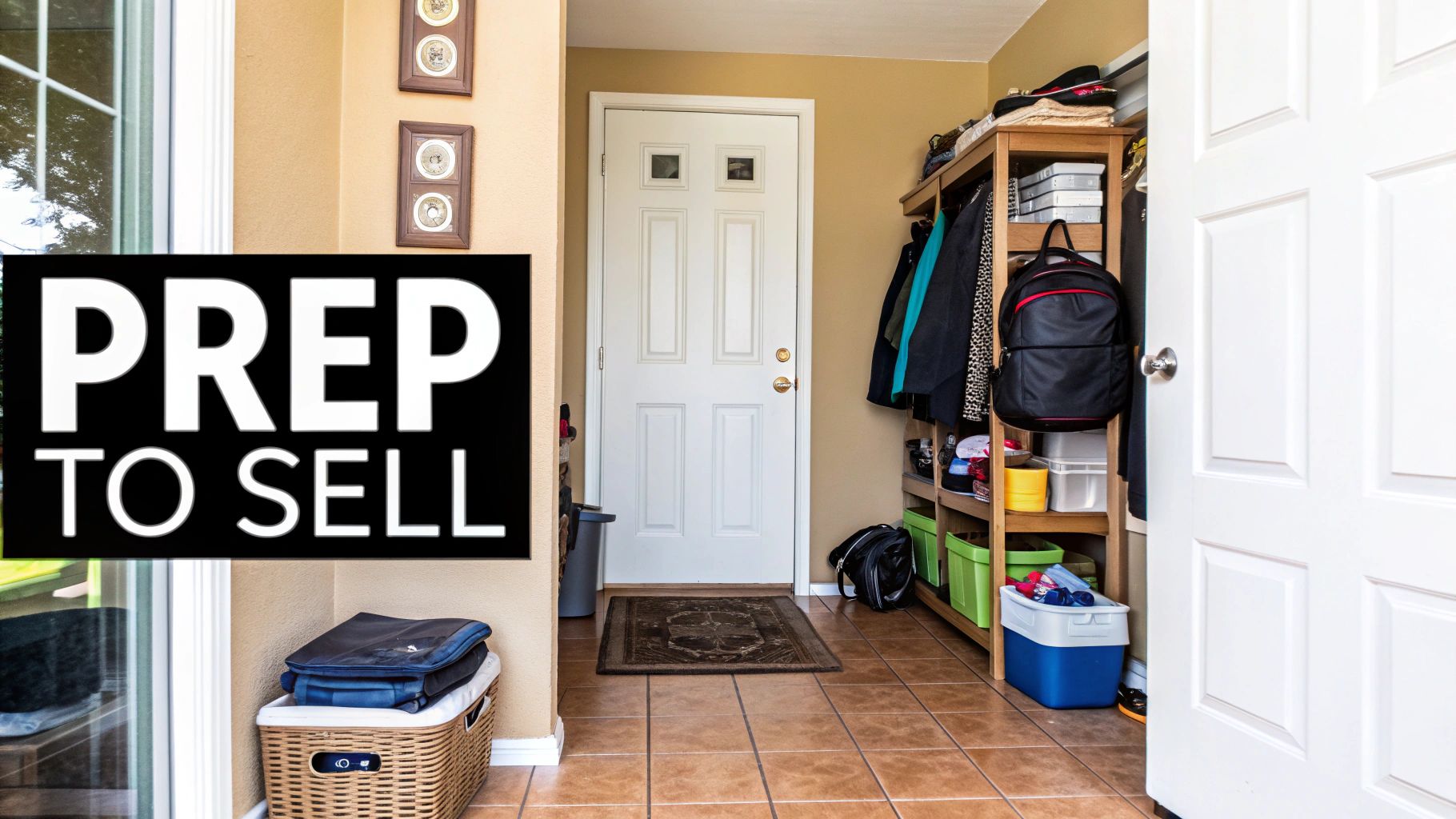 A cluttered home entryway with a white door, storage shelves, and a large 'PREP TO SELL' sign.