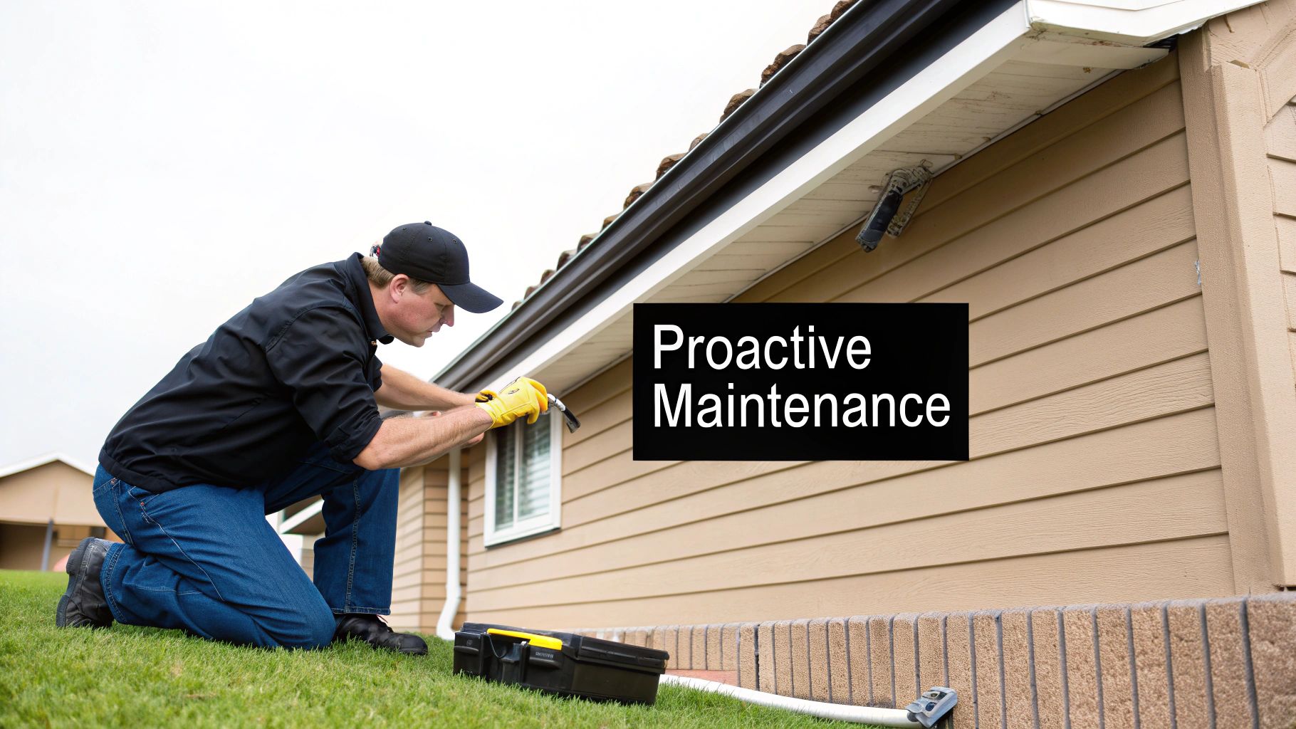 A man in work clothes kneels on grass, using a caulk gun to perform 'Proactive Maintenance' on a house's exterior.