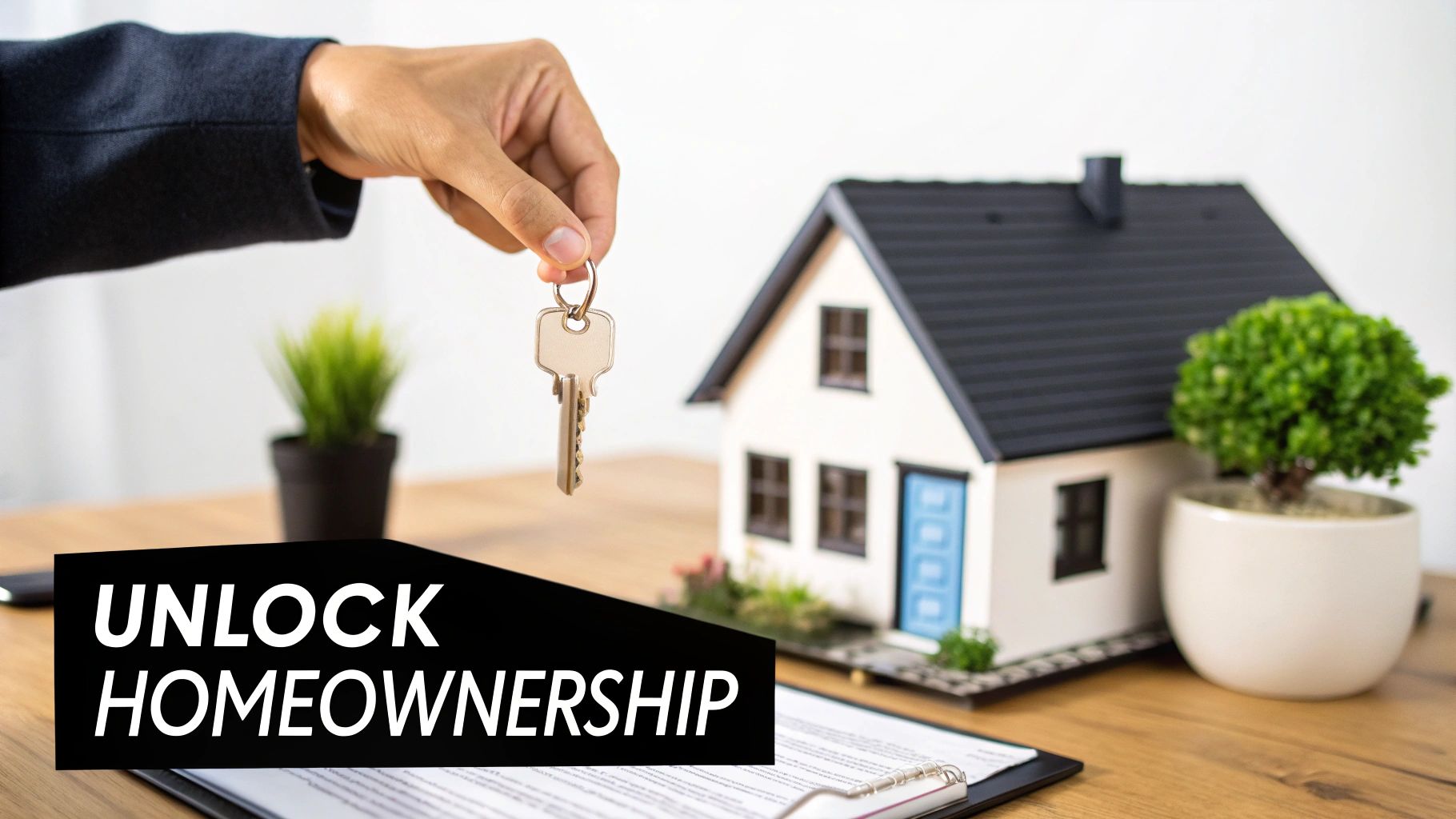 A hand holds a key over a miniature house, symbolizing new homeownership and real estate.
