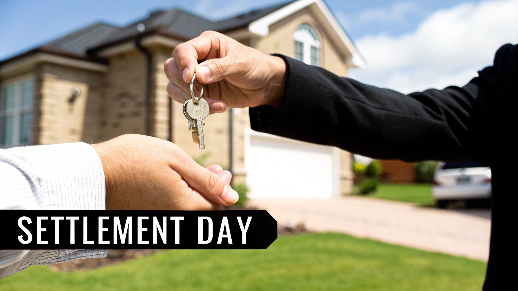 Close-up of hands exchanging house keys with a modern house and 'SETTLEMENT DAY' text.