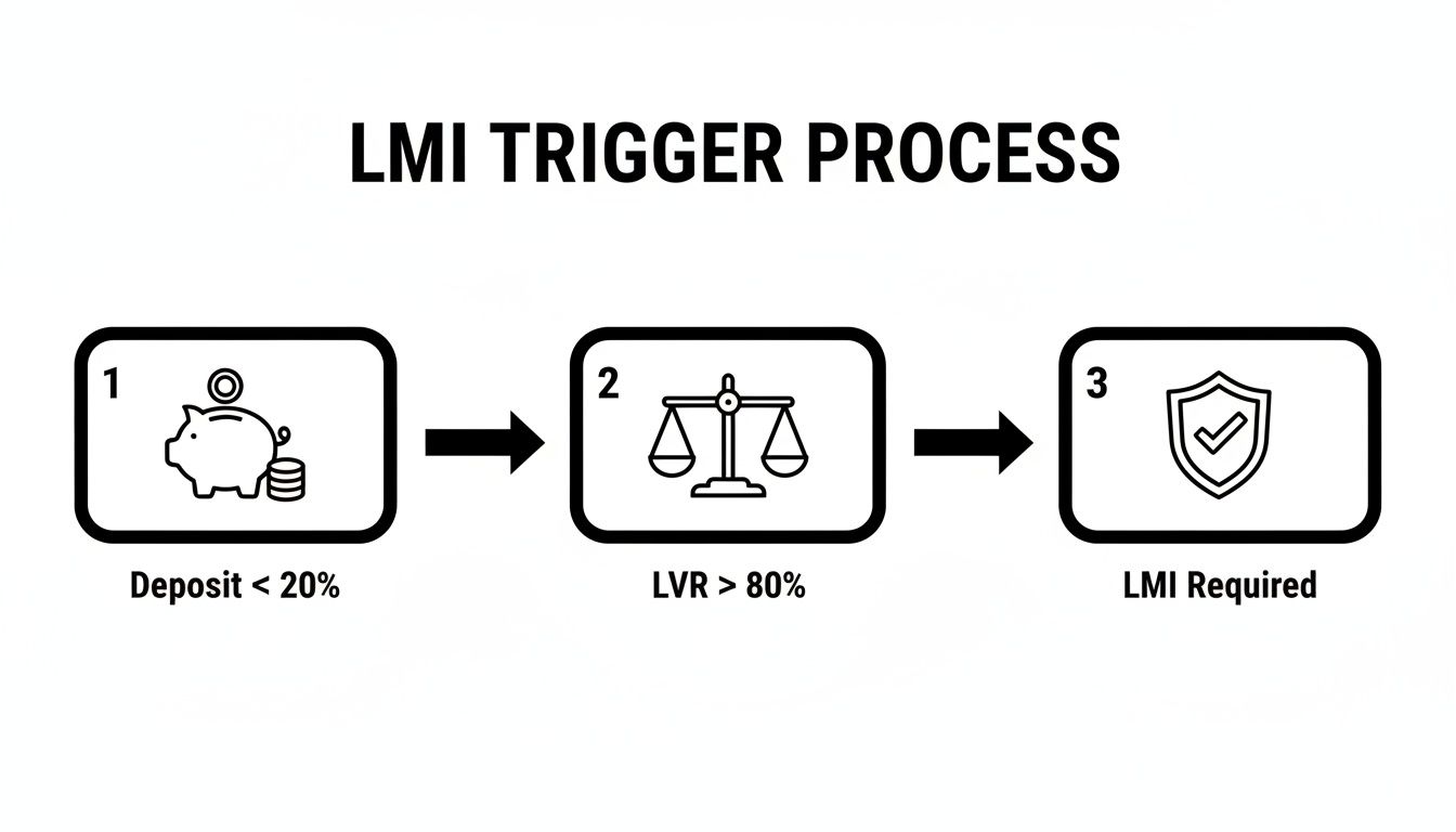 A flowchart detailing the LMI trigger process: a low deposit leads to a high LVR, requiring LMI.
