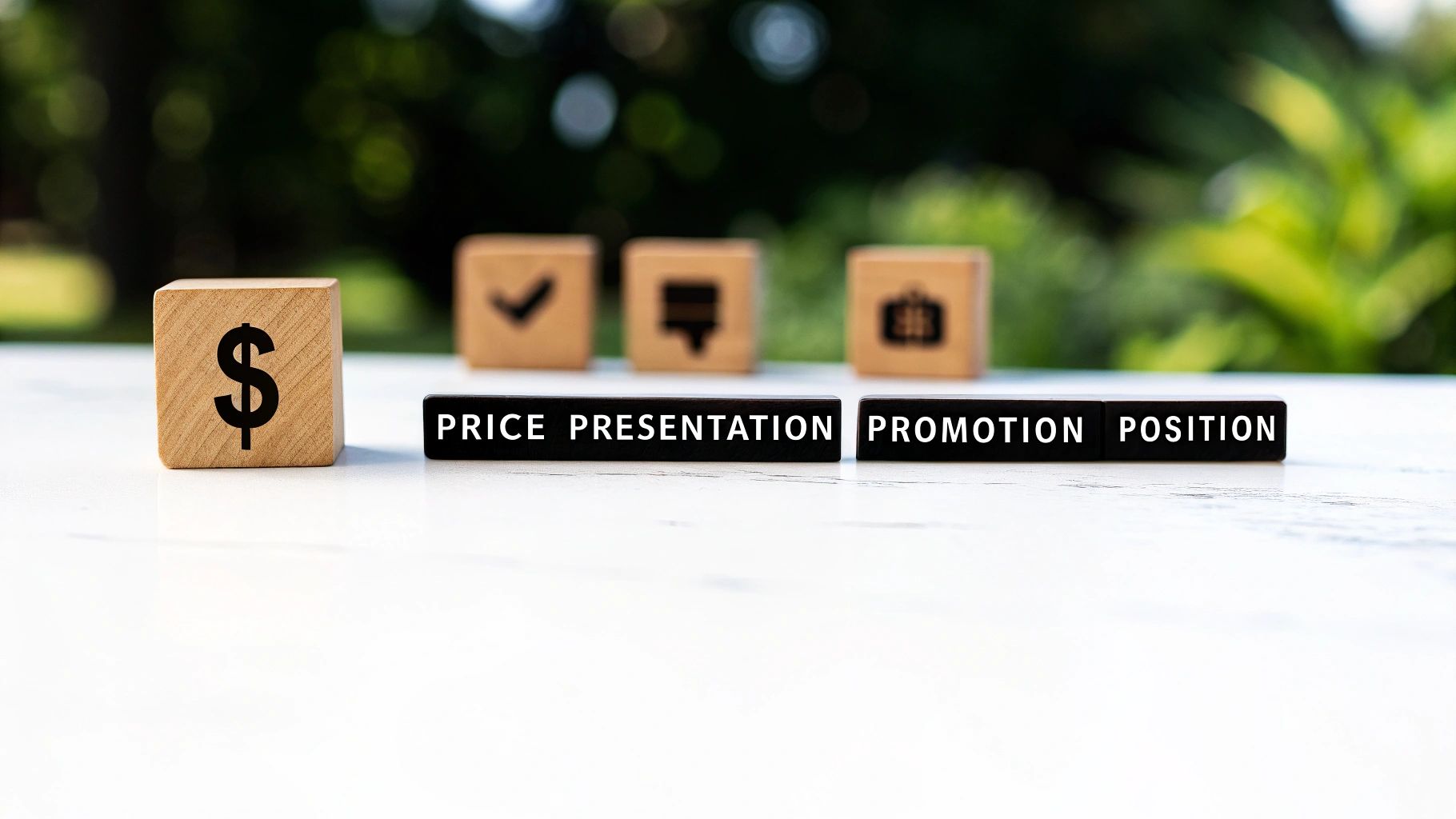 Wooden blocks showing dollar sign and marketing mix elements: price, presentation, promotion, and position