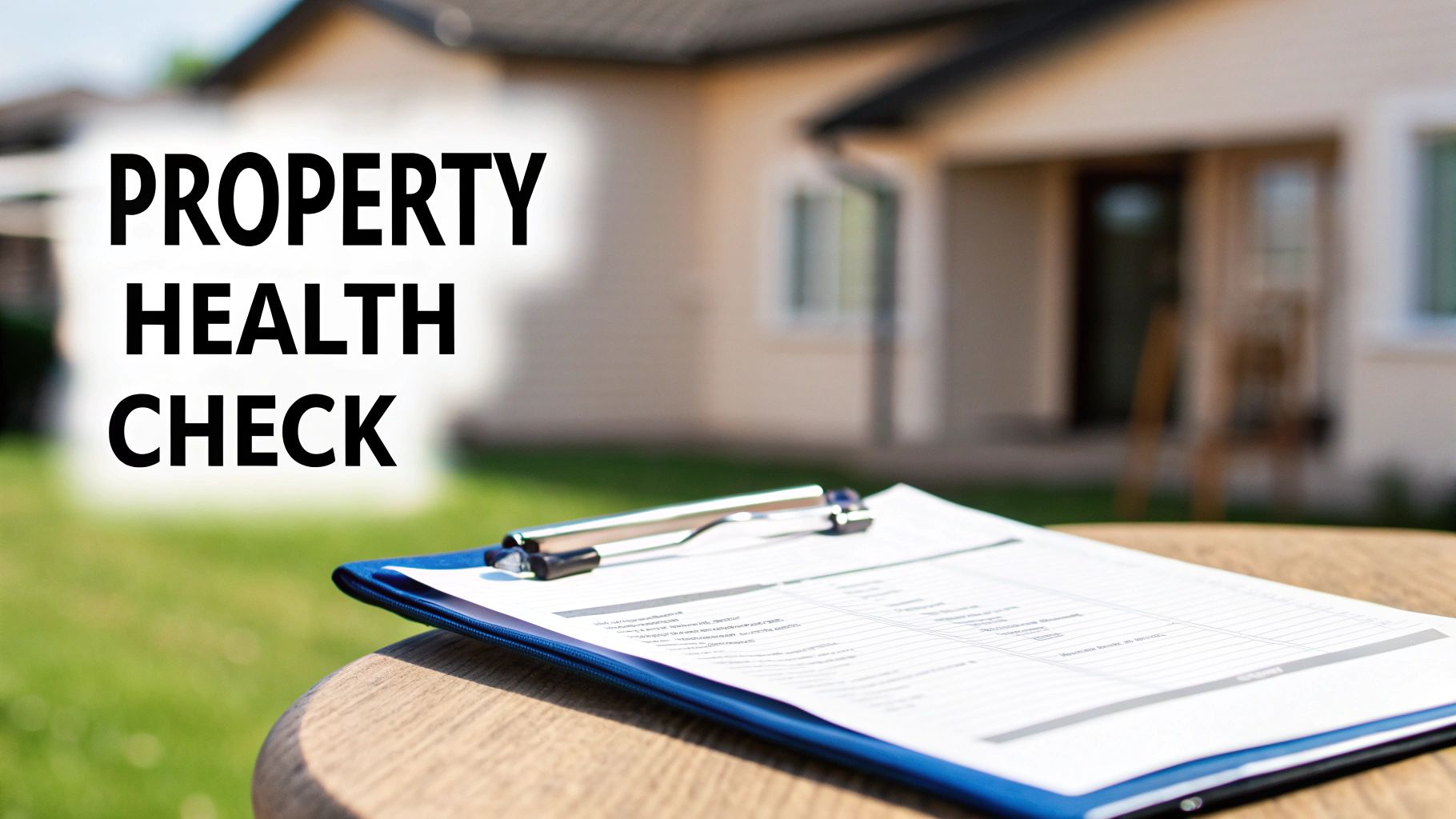 A clipboard with a property health check document on a wooden table, with a blurred house in the background.