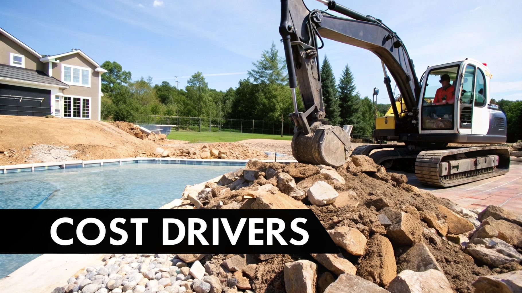 A crane lowers a fibreglass pool shell into an excavated hole in a suburban backyard.