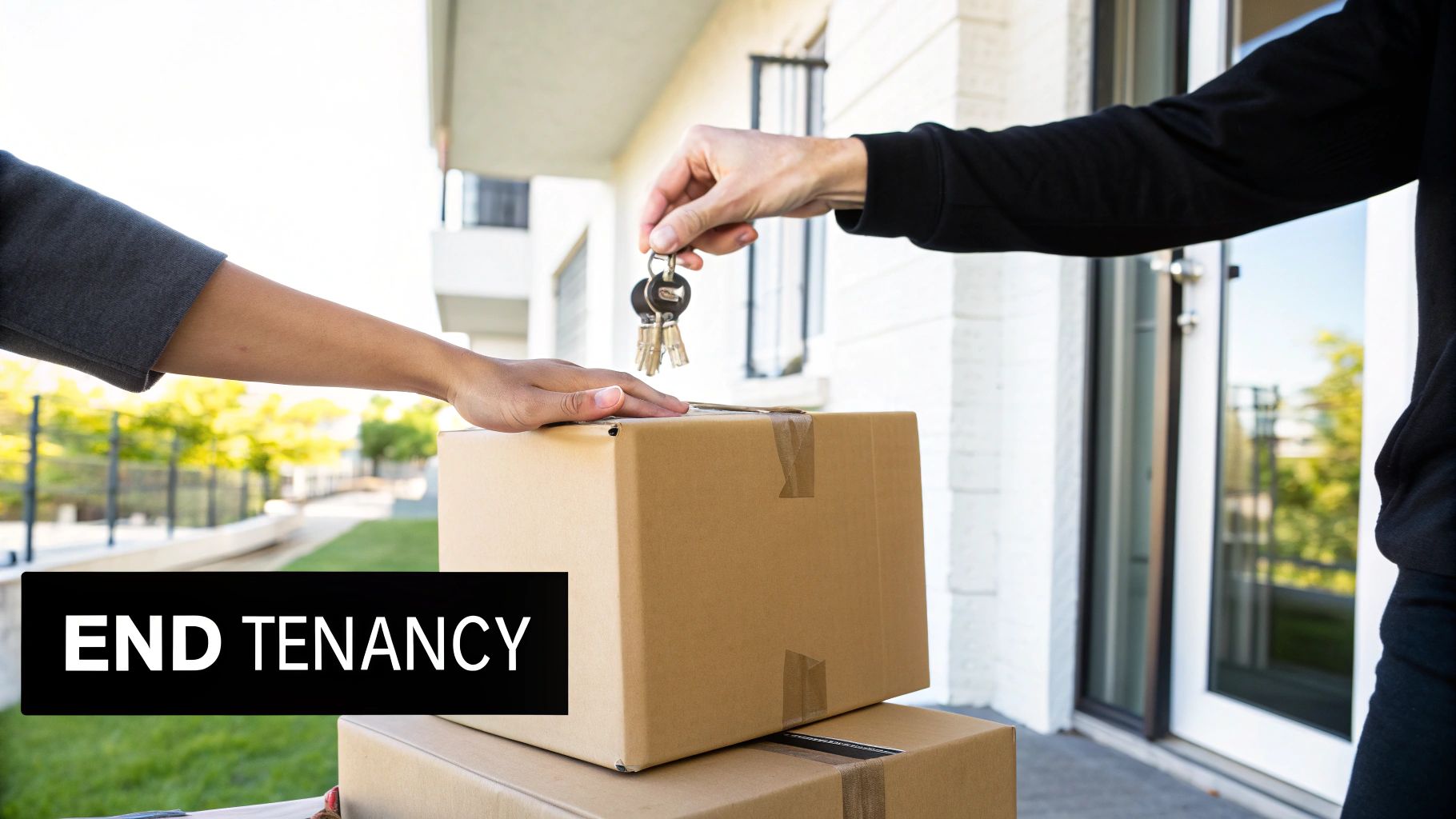 Hands exchanging apartment keys over moving boxes, signifying the end of a tenancy agreement.