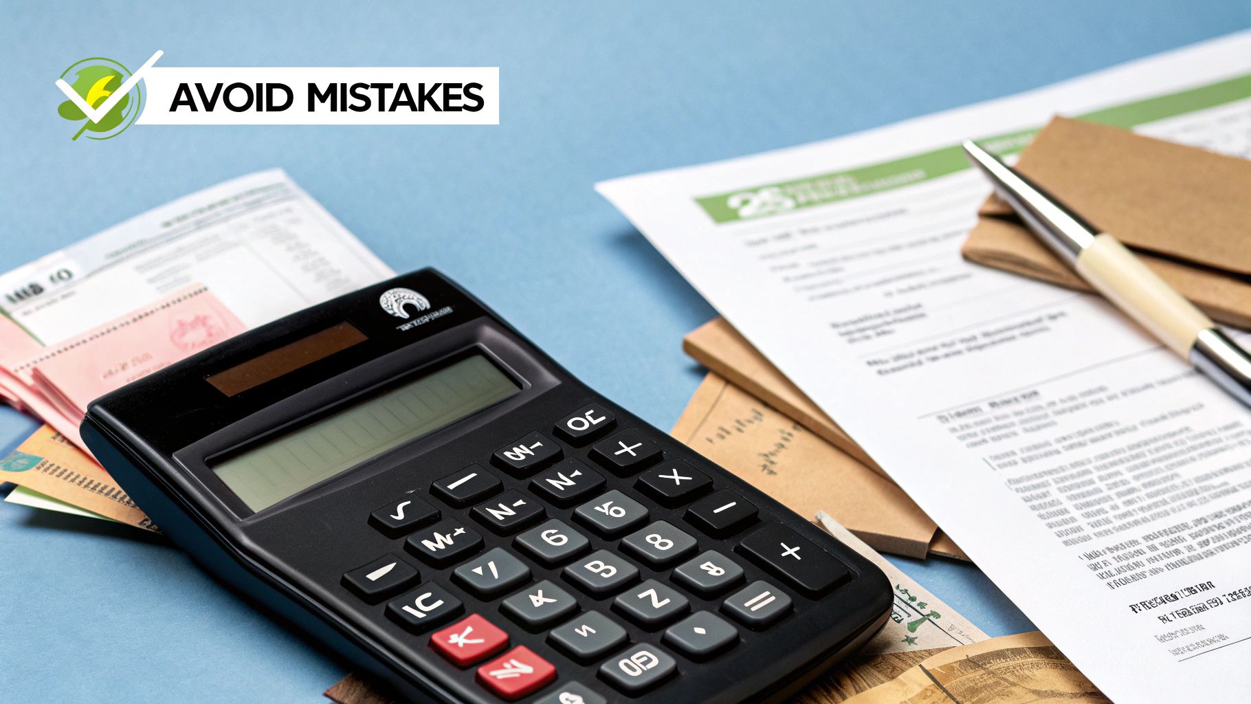 Person looking concerned at a calculator and paperwork