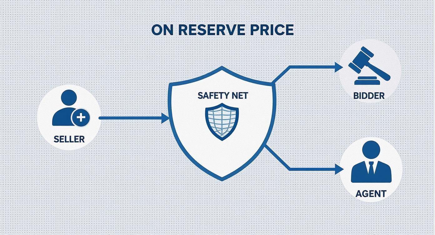 Diagram illustrating a seller, safety net, bidder, and agent in a reserve price auction process.