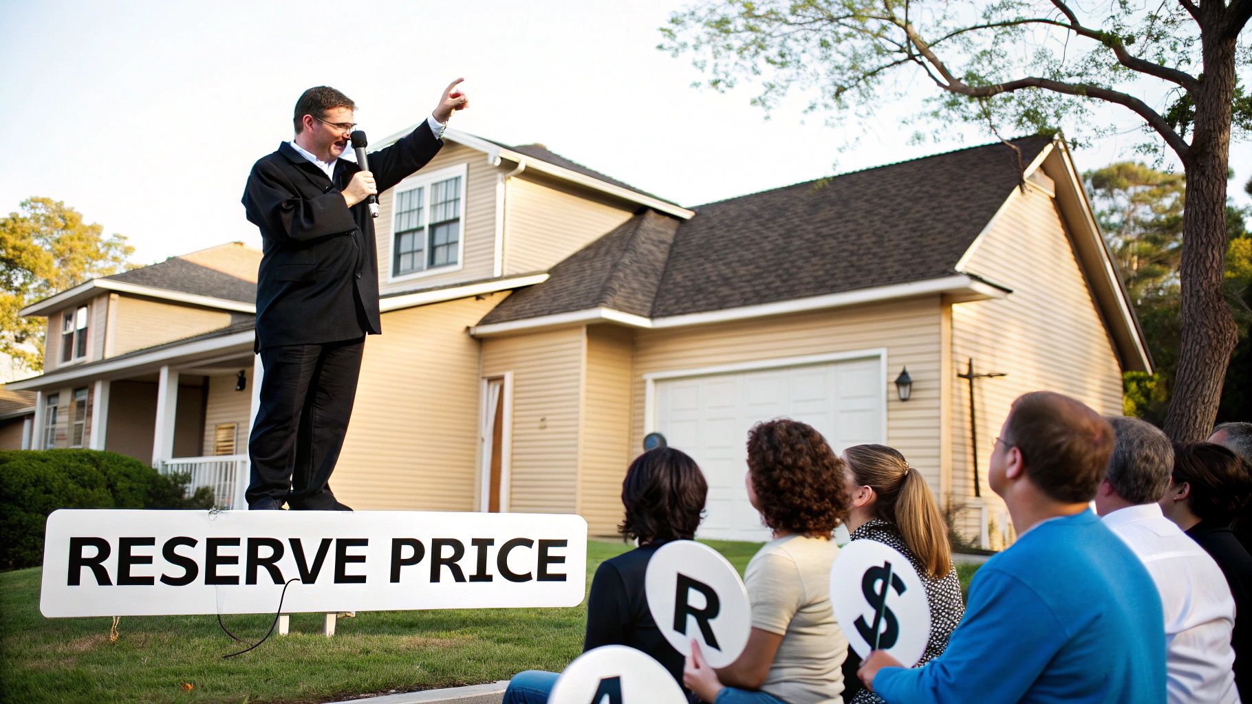An auctioneer stands on a 'RESERVE PRICE' sign, speaking to bidders in front of a house.