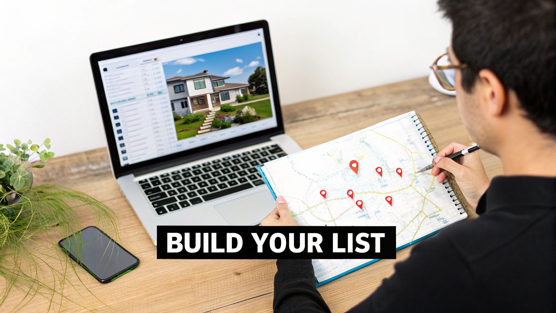 Person planning real estate leads using a laptop showing house listings and a map with location pins.