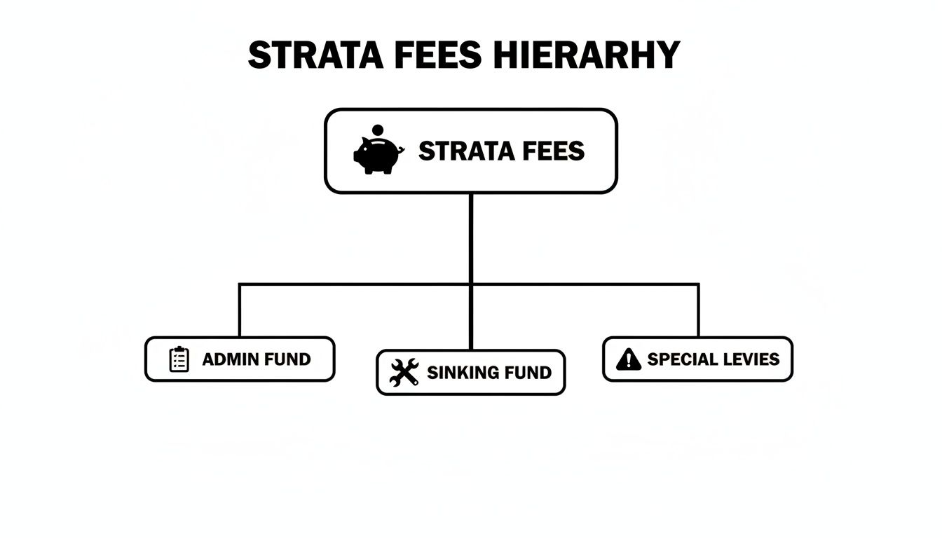 A flowchart illustrating the hierarchy of strata fees, detailing admin, sinking, and special levies.
