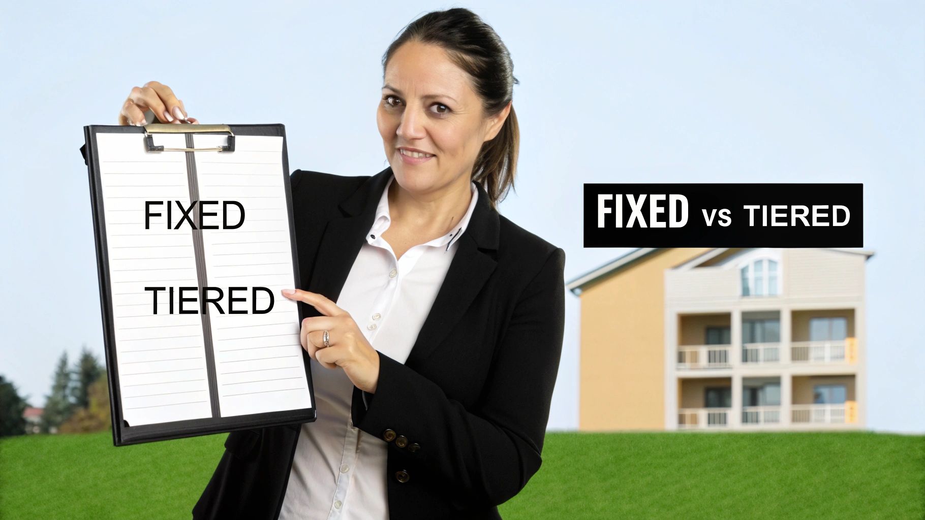 Two bar charts comparing fixed-rate and tiered real estate commission structures, highlighting their differences.