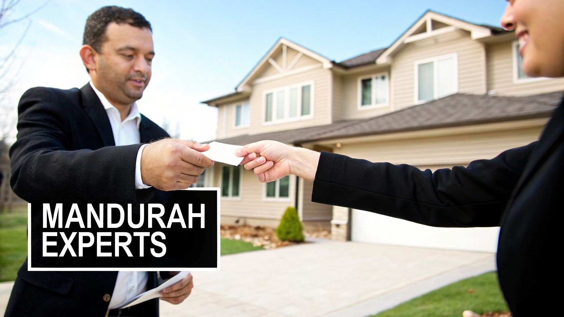 Real estate professionals exchange business cards in front of a large house, highlighting property expertise.