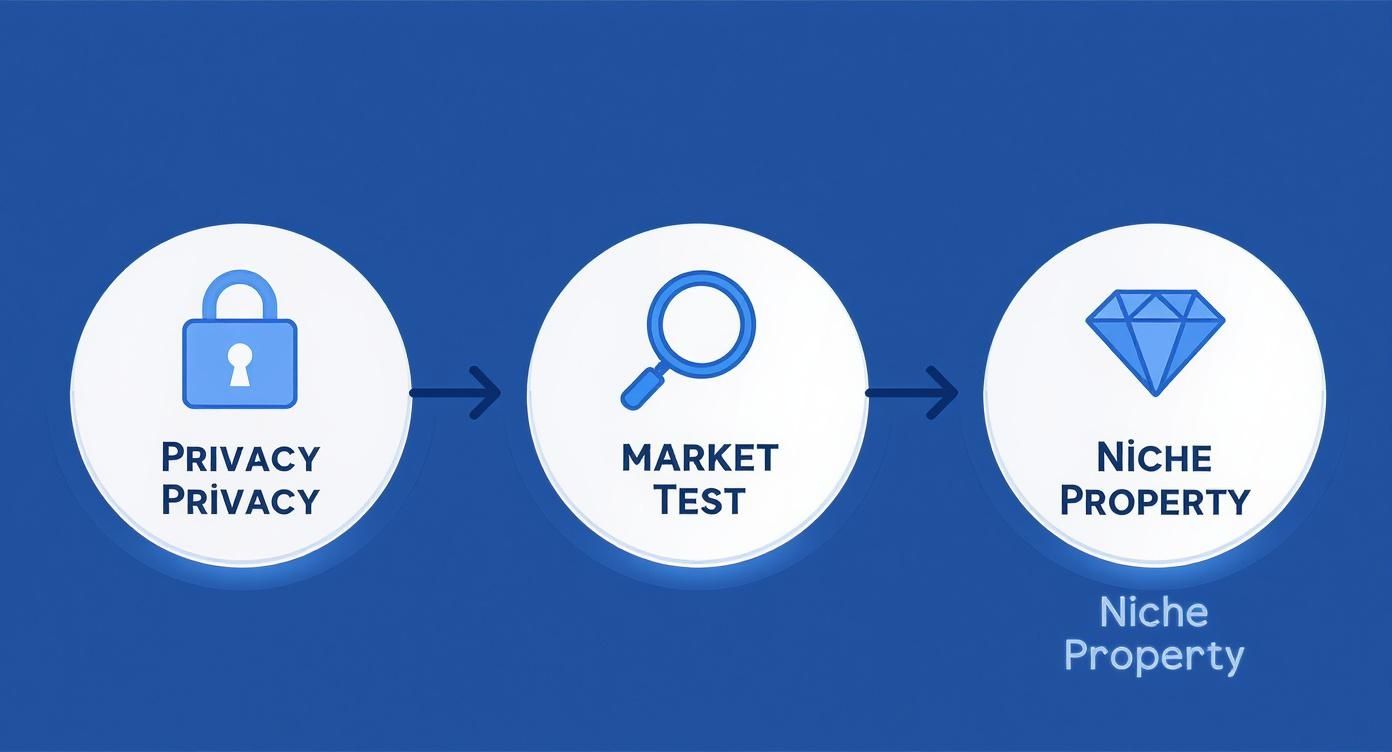 Infographic illustrating a process from privacy protection through market testing to a niche property.