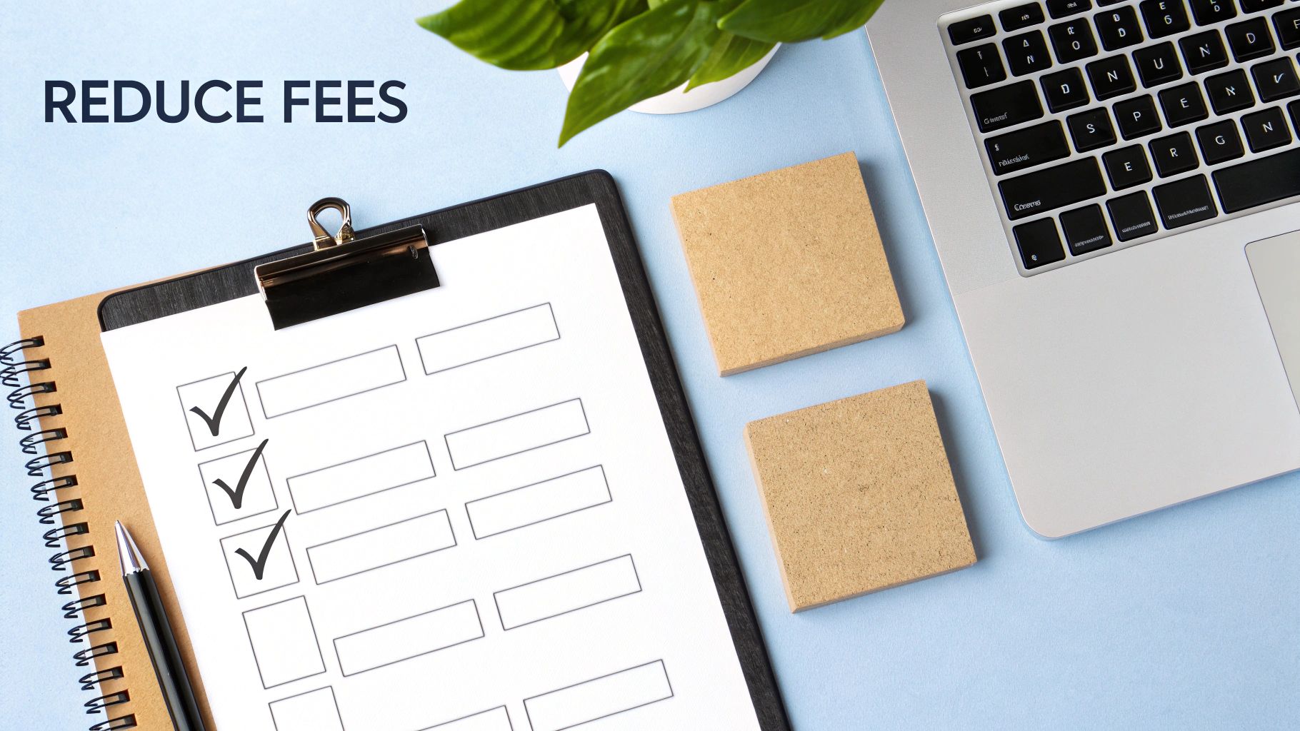 Clipboard with checklist showing reduce fees text, laptop, sticky notes, and notebook on desk