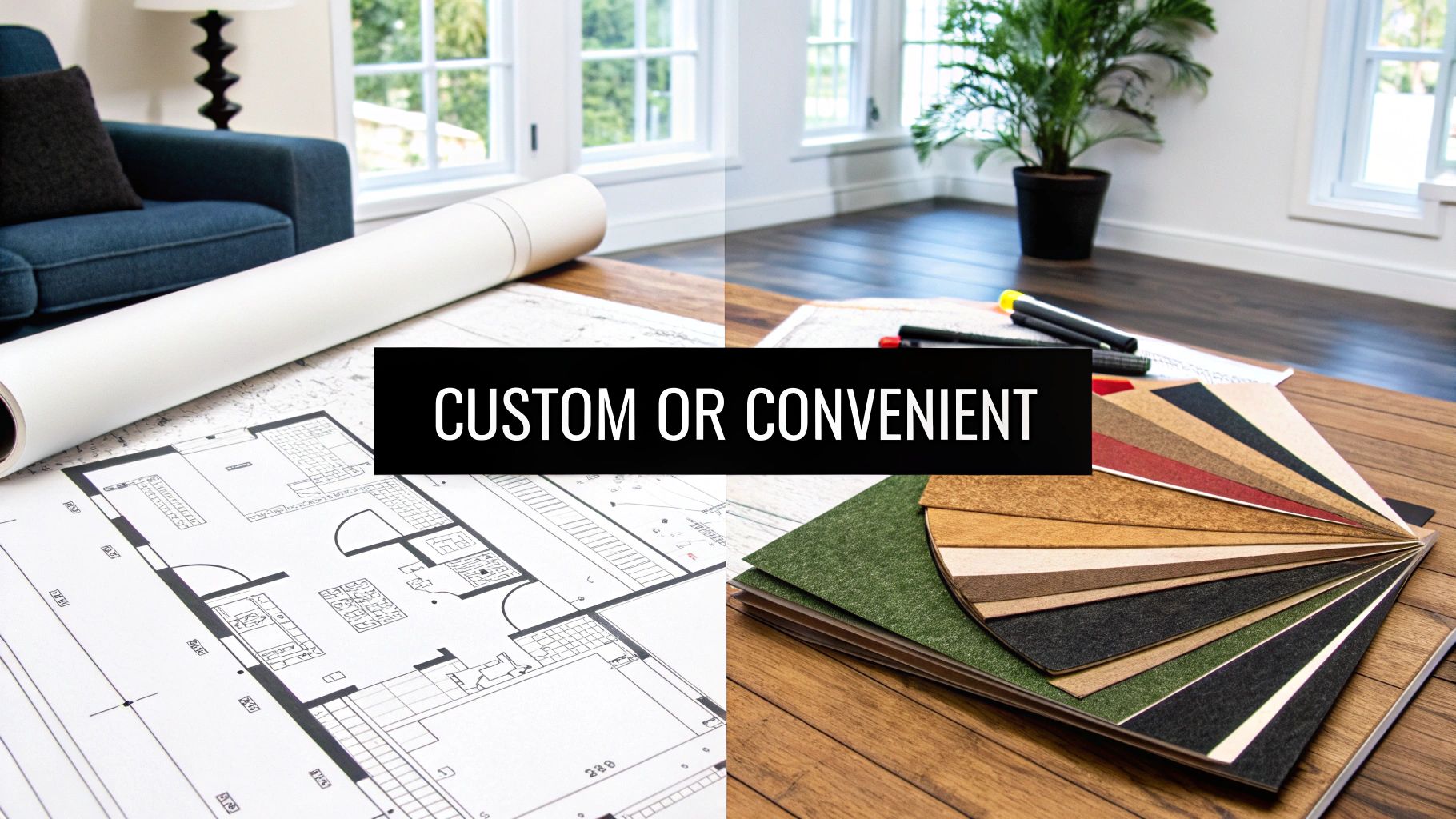 A modern, custom-built home interior contrasted with a traditional, established home exterior.