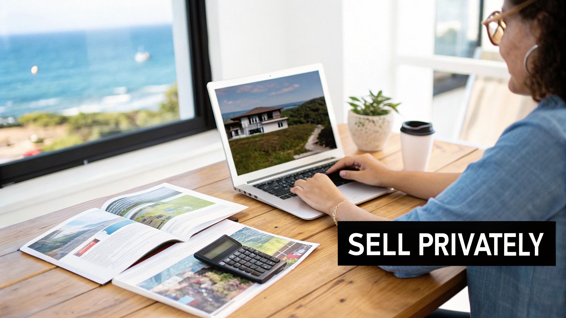 Woman types on a laptop displaying a house, with a calculator and magazines on a wooden desk.