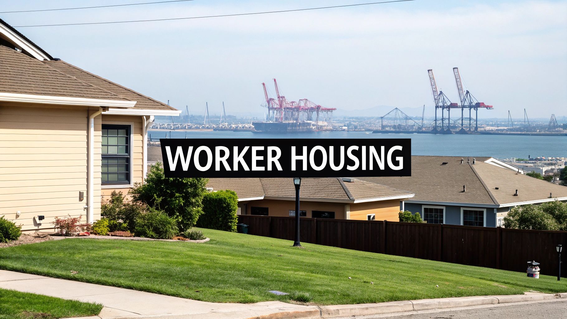 Houses with green lawns overlooking a port with cranes, displaying 'WORKER HOUSING' text.