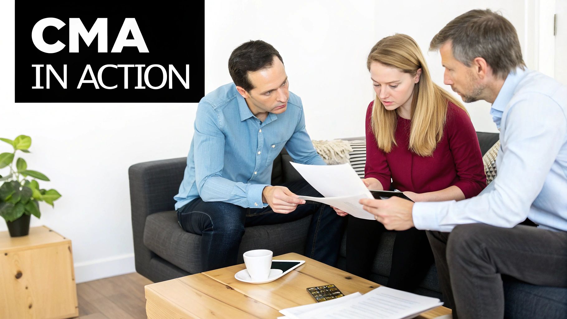 Three people review documents and discuss a comparative market analysis in a professional setting.