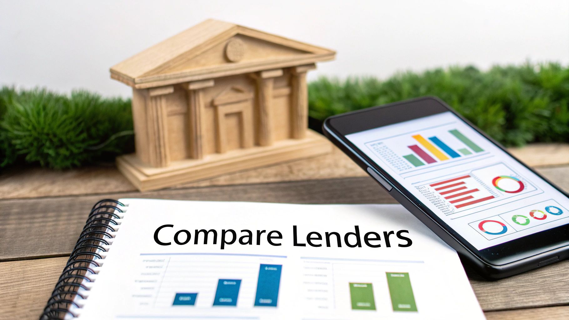 A wooden bank model, smartphone with charts, and 'Compare Lenders' text on a notebook.