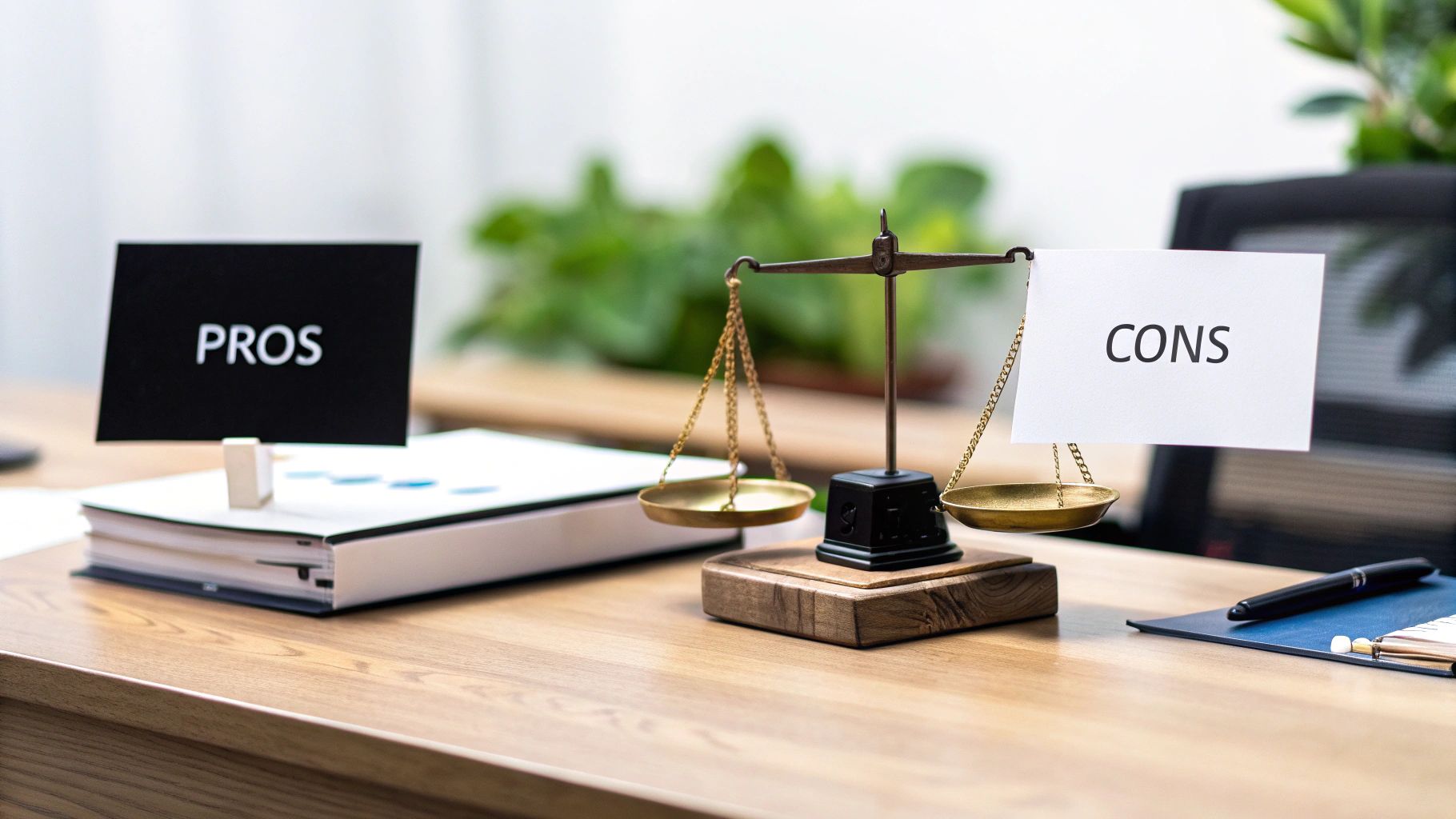 A balanced scale with 'PROS' on one side and 'CONS' on the other, representing decision-making.