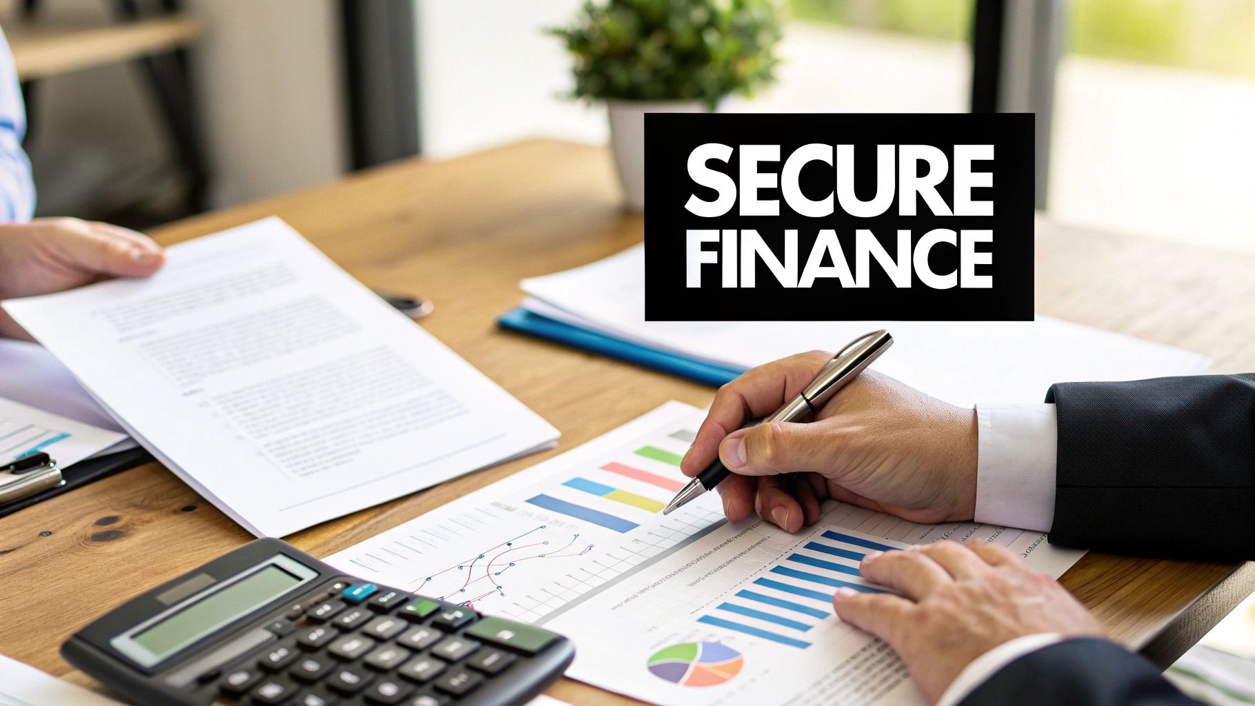 A person reviewing commercial property loan documents with a pen and calculator