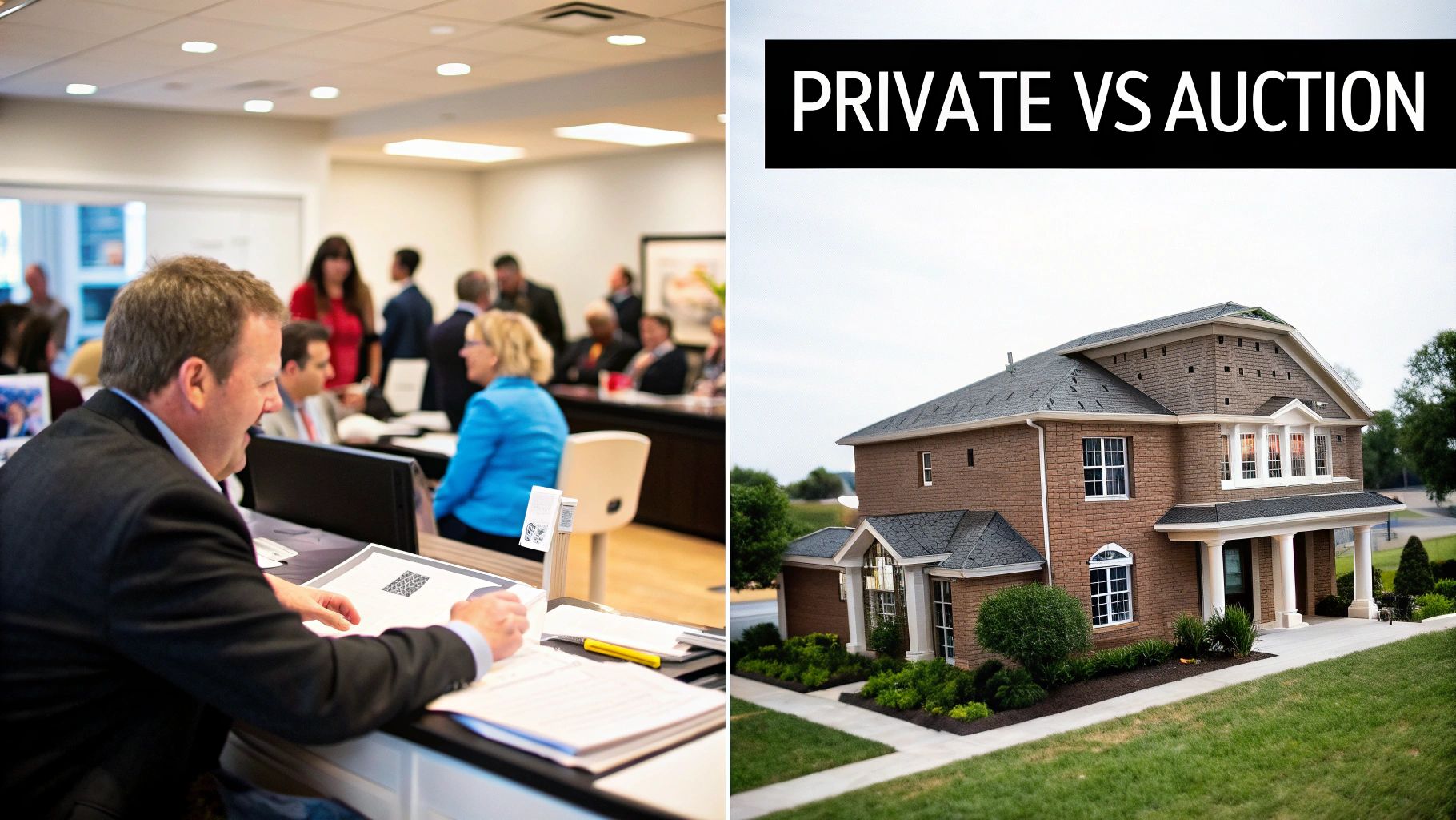 A split image contrasting a business meeting with a large house, titled 'PRIVATE VS AUCTION'.