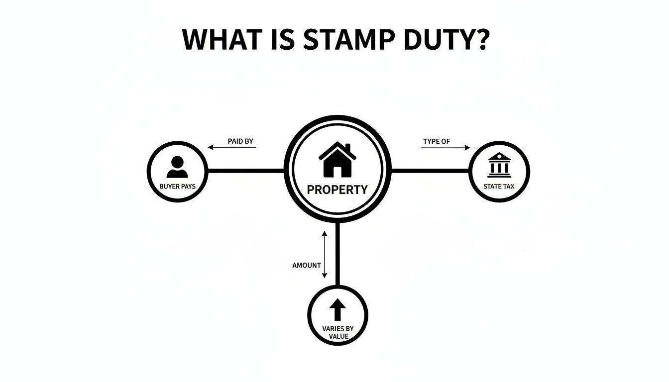 Diagram explaining stamp duty, showing it's paid by the buyer, a type of state tax, and varies by property value.
