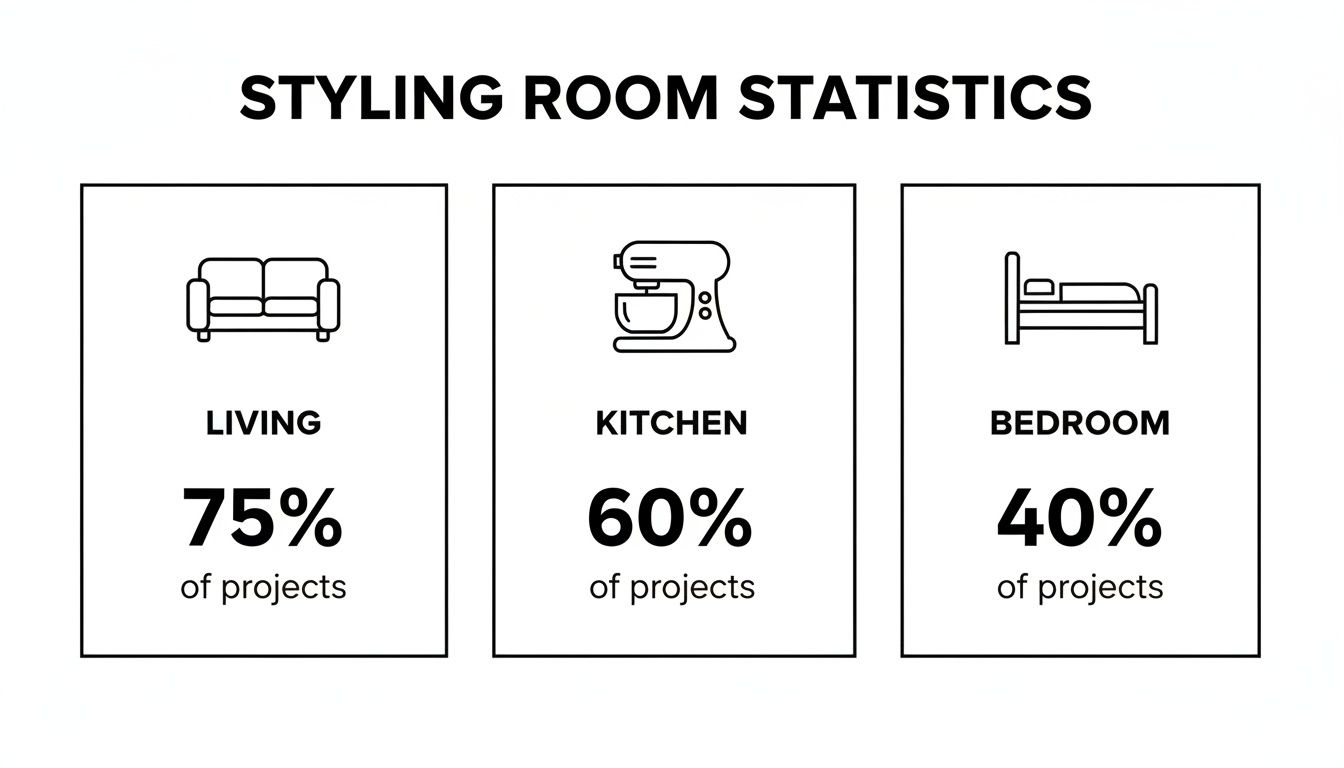 Infographic showing styling room statistics for Living (75%), Kitchen (60%), and Bedroom (40%) projects.