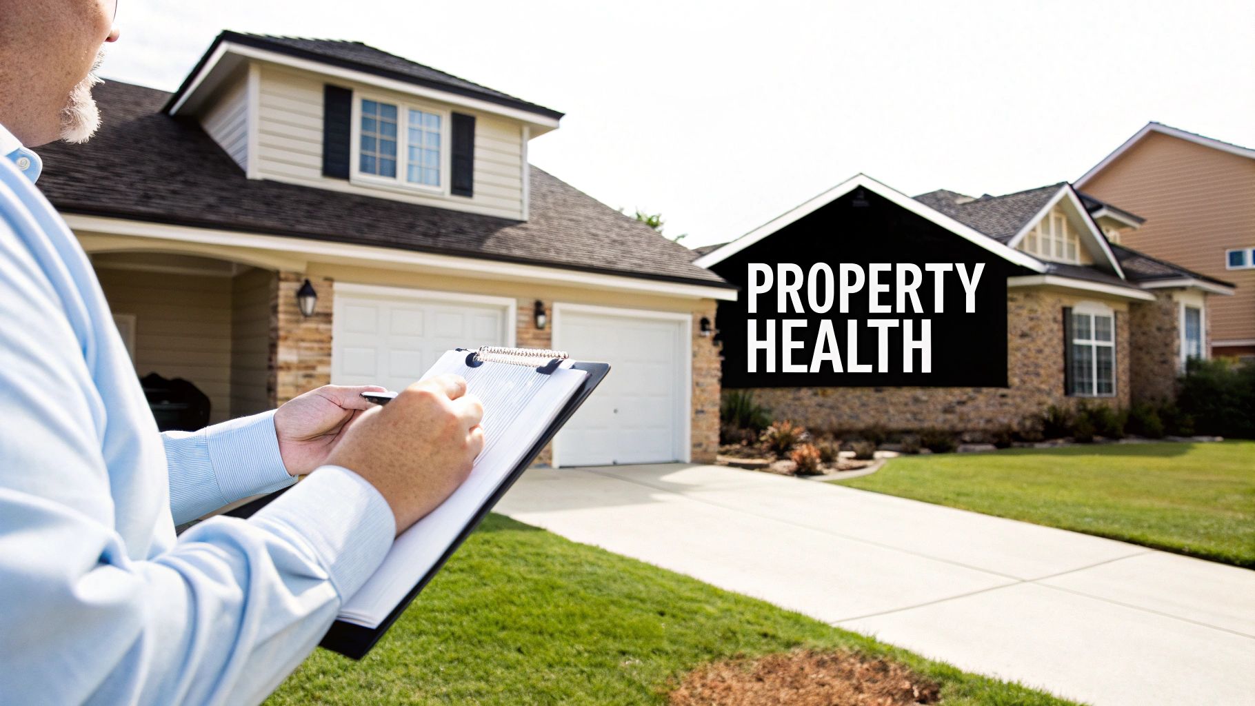 A professional inspects a house, writing notes on a clipboard with 'PROPERTY HEALTH' text overlay.