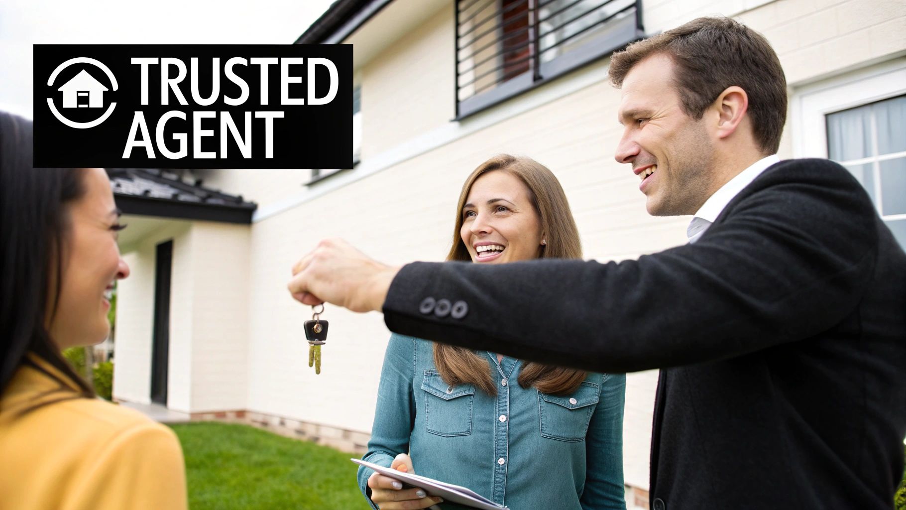 Smiling real estate agent gives house keys to a delighted woman in front of a new house.
