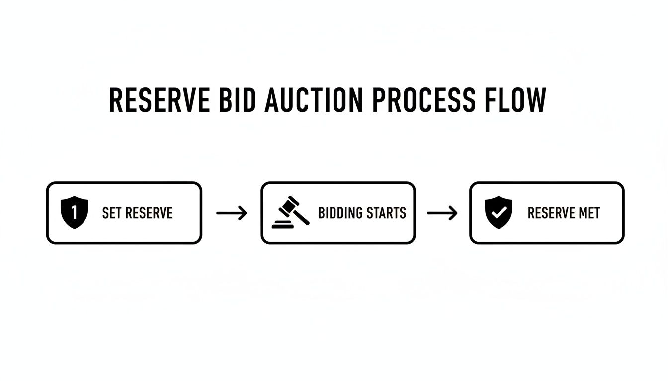 A flowchart illustrates the reserve bid auction process with three steps: set reserve, bidding starts, and reserve met.