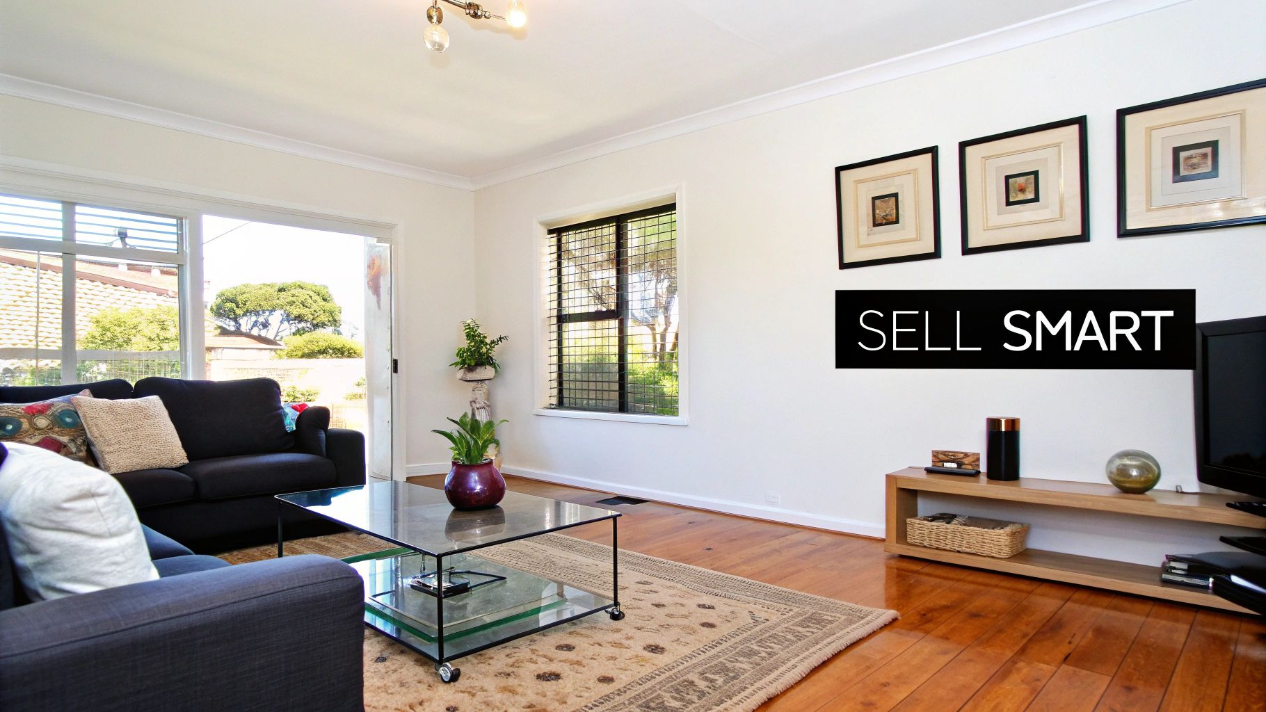 A bright, spacious living room with dark sofas, a glass coffee table, and framed art.