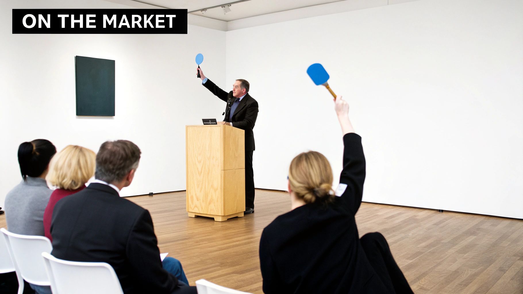 An auction scene with an auctioneer, bidders raising paddles, and a dark artwork on display.