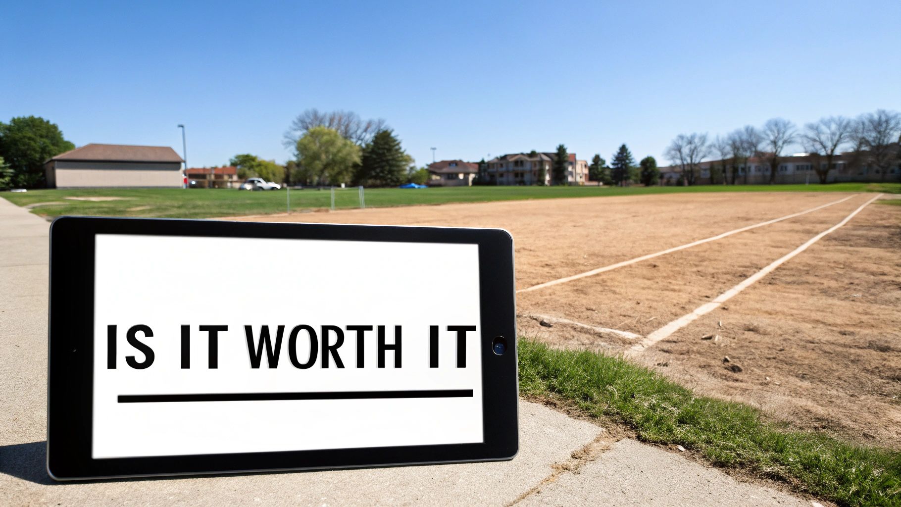 A tablet displaying 'IS IT WORTH IT' on a dry baseball field under a clear blue sky.