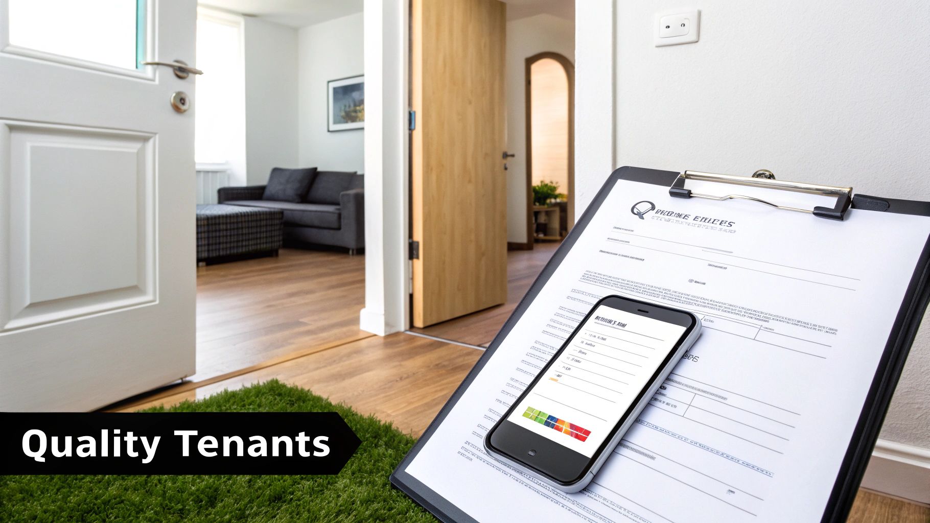 An open door reveals a modern living room with a sofa. A clipboard with documents and a smartphone rests on a green mat. Text: Quality Tenants.