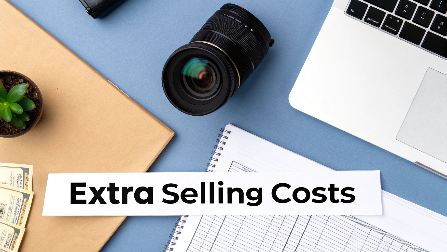 Flat lay of a desk with 'Extra Selling Costs' text, laptop, camera lens, money, and a plant.