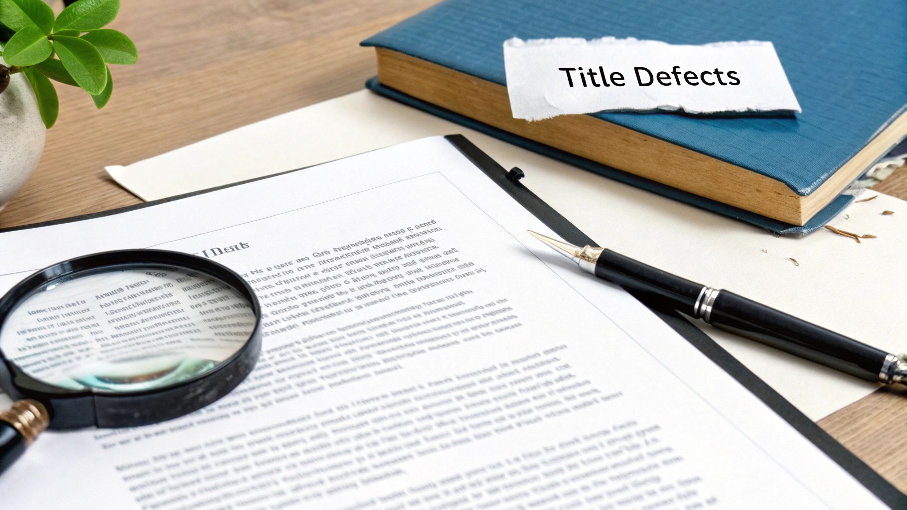 Magnifying glass examining the fine print on a property title document