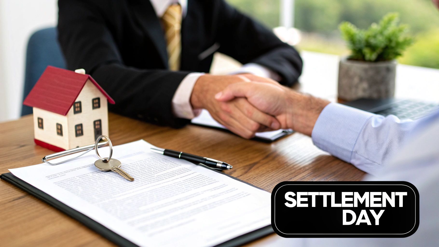 Two men in business attire shake hands over a table with a model house and documents, signifying a property settlement.