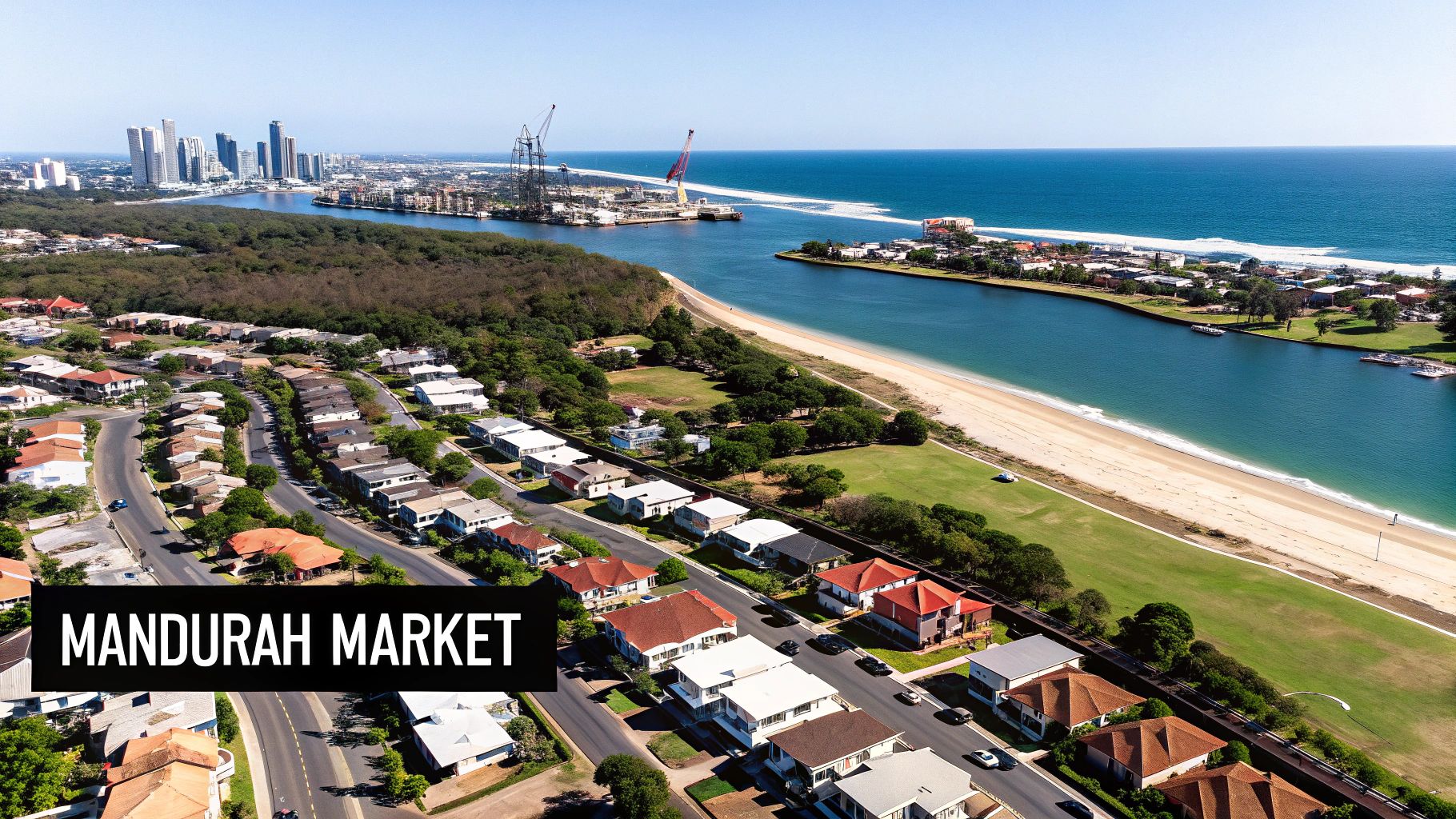Aerial view of a coastal city showing residential areas, a river flowing into the ocean, and distant skyscrapers.