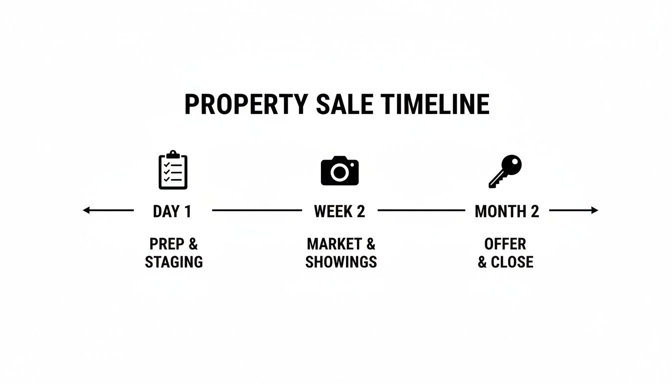 A property sale timeline illustrating three key stages: Day 1 prep & staging, Week 2 market & showings, and Month 2 offer & close.
