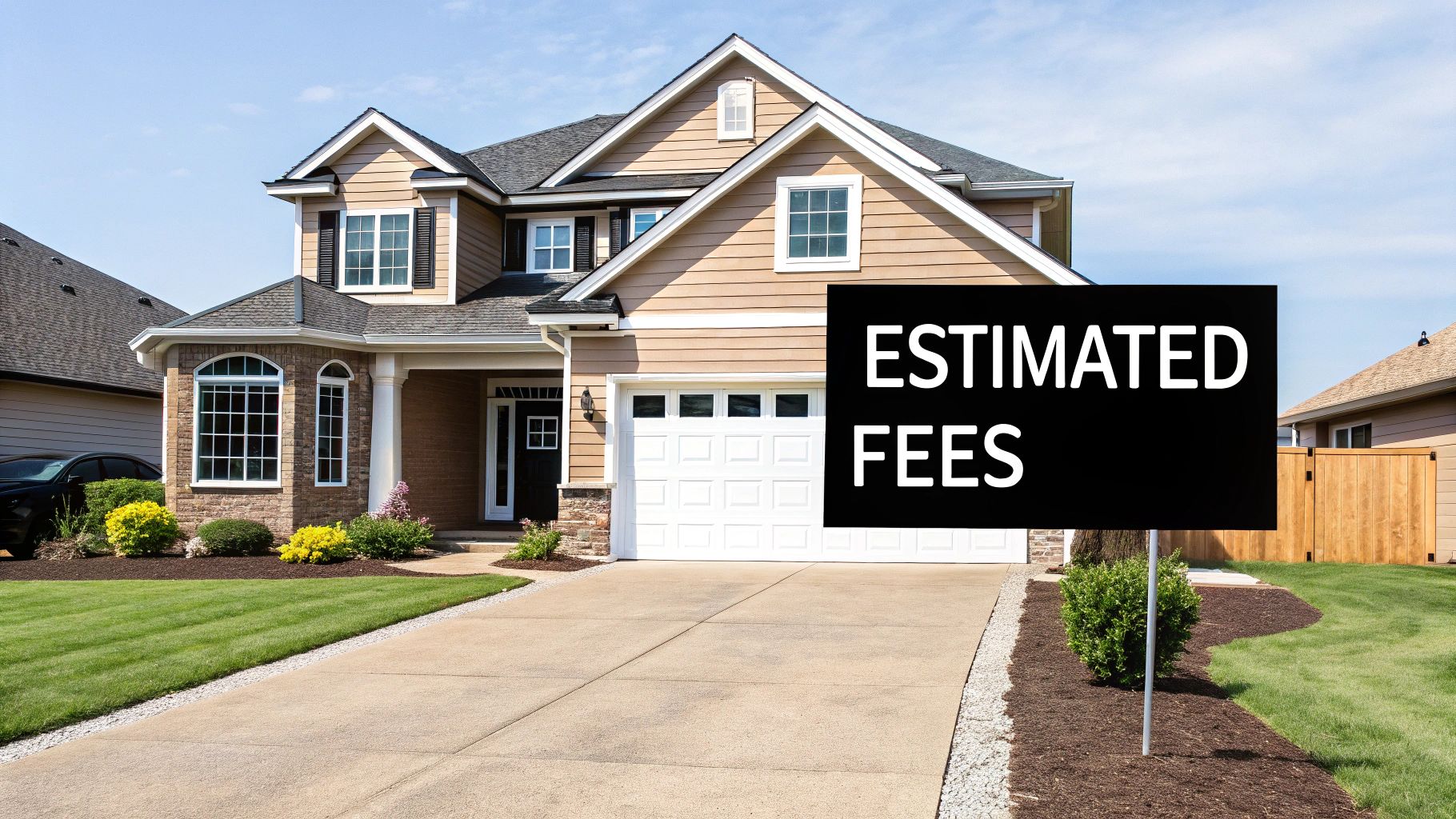 A balance scale weighing a house on one side and a stack of coins on the other, representing property costs.