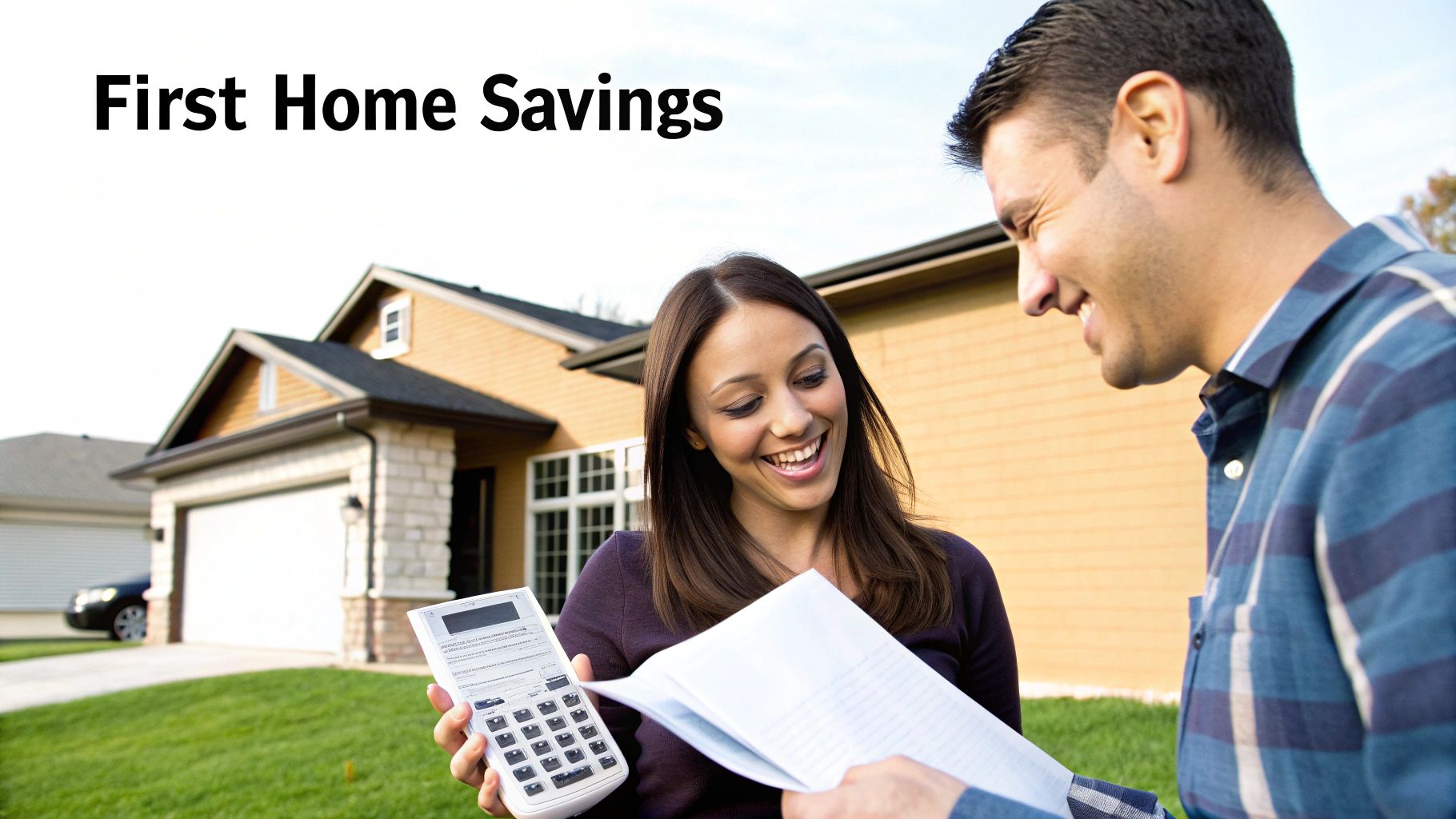 A happy couple reviews calculations on a calculator and papers outside their modern new home.