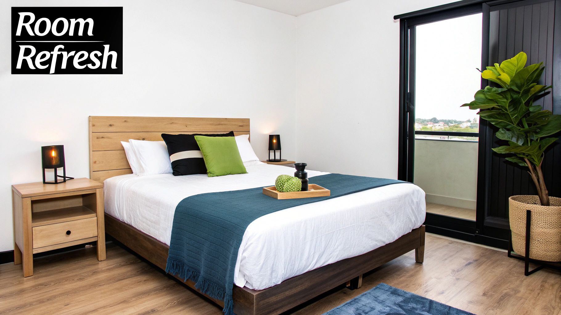 A modern bedroom with a wooden bed, white linens, a teal throw, and a plant next to a balcony.