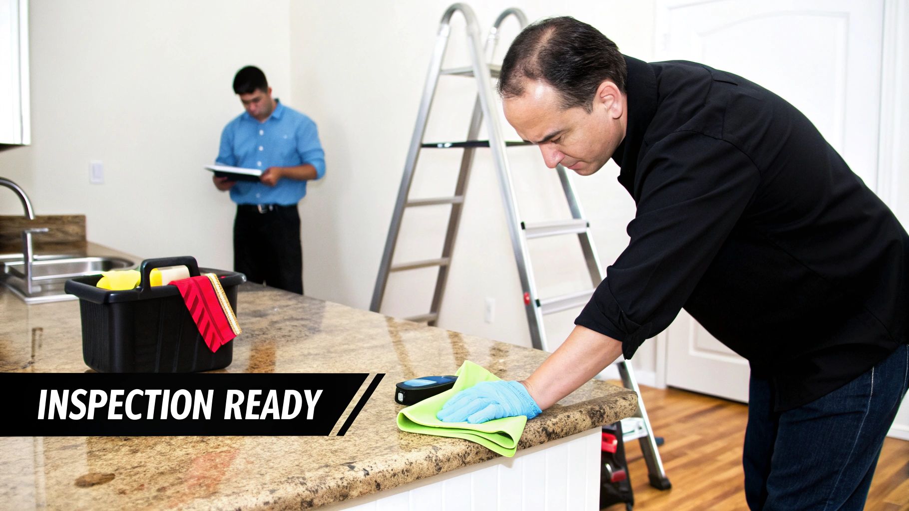A man in blue gloves meticulously cleans a kitchen countertop while another inspects a checklist.
