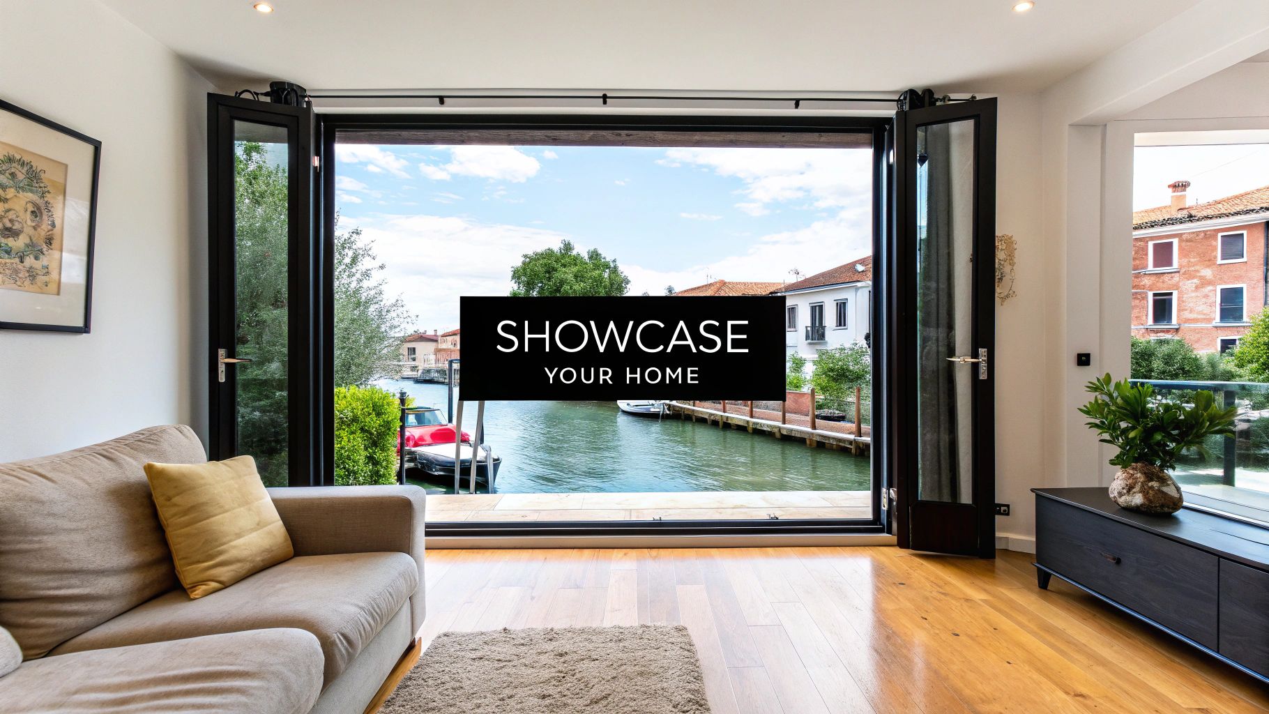 A luxurious living room with an open view of a picturesque canal, boats, and historic European buildings.