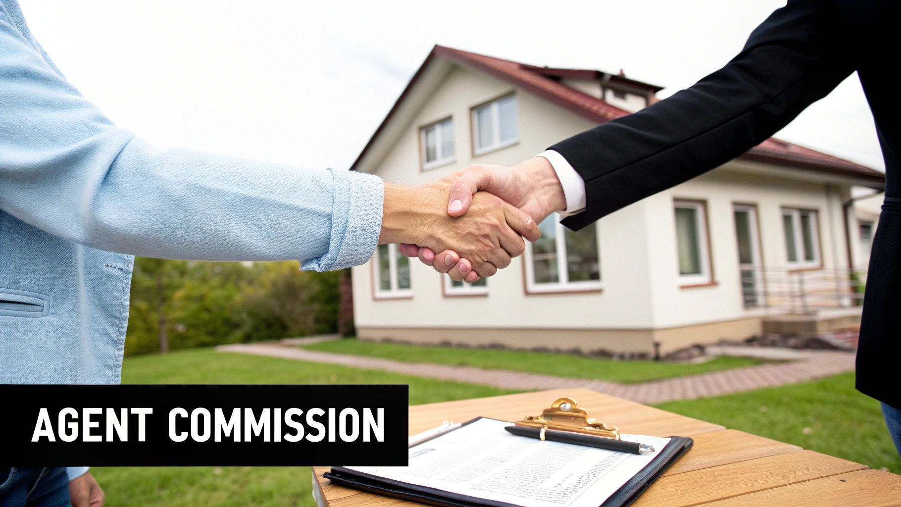 Two real estate agents shaking hands in front of a house, finalizing a property deal with contract papers.