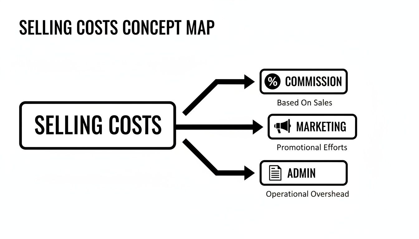 A concept map showing selling costs broken down into commission, marketing, and admin expenses with descriptions.
