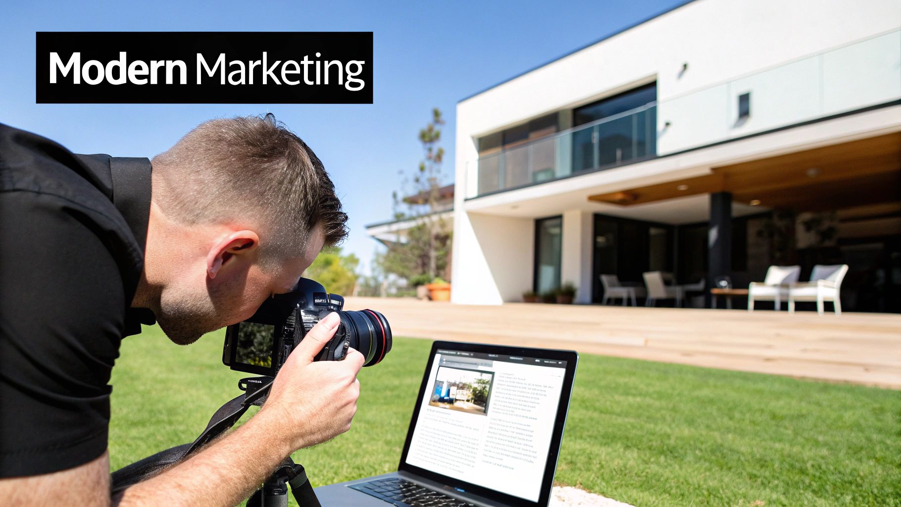 Man photographing a modern white house with a camera and laptop, representing real estate marketing.